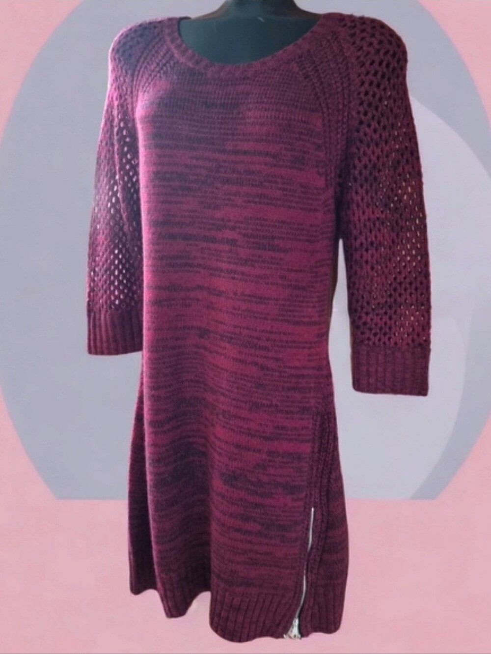 Maurices Burgundy Knit Sweater Dress with Zipper Detailing & Crochet Sleeves SzL